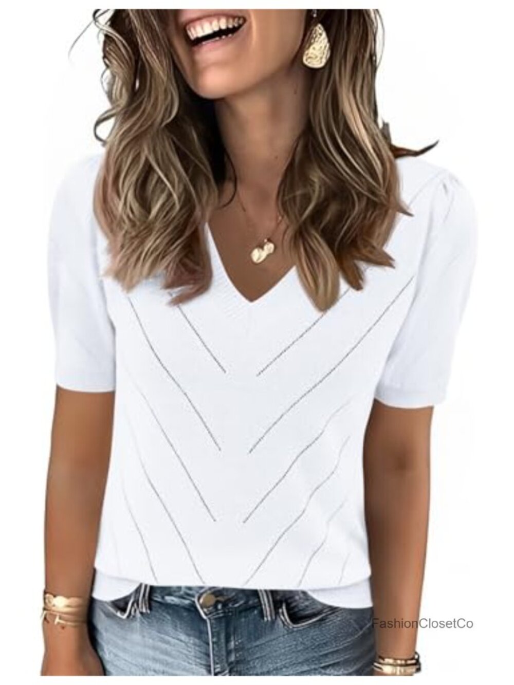 Women's Puff Short Sleeve V-Neck Lightweight Knit Summer Pullover Sweater, 80%